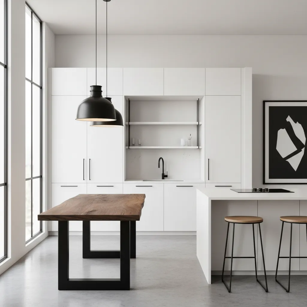Industrial style dining table with metal base in white kitchen