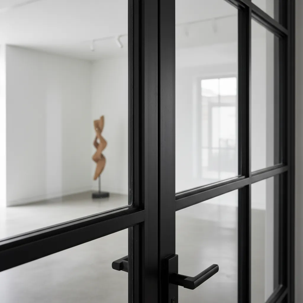 Close up view of black metal door frame with glass panels and simple black handle