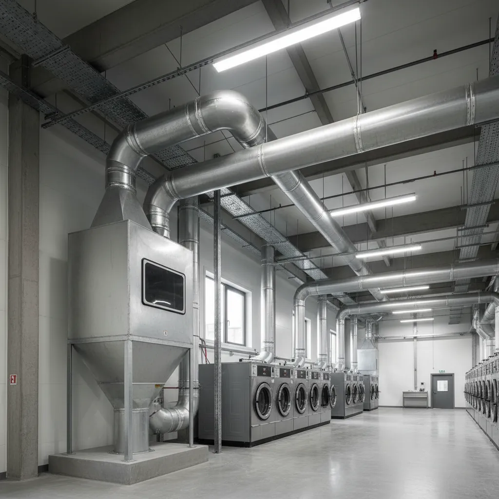 Industrial laundry exhaust duct with external lint collection system