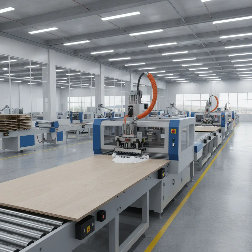 Industrial edge banding machine applying PUR adhesive to cabinet panels