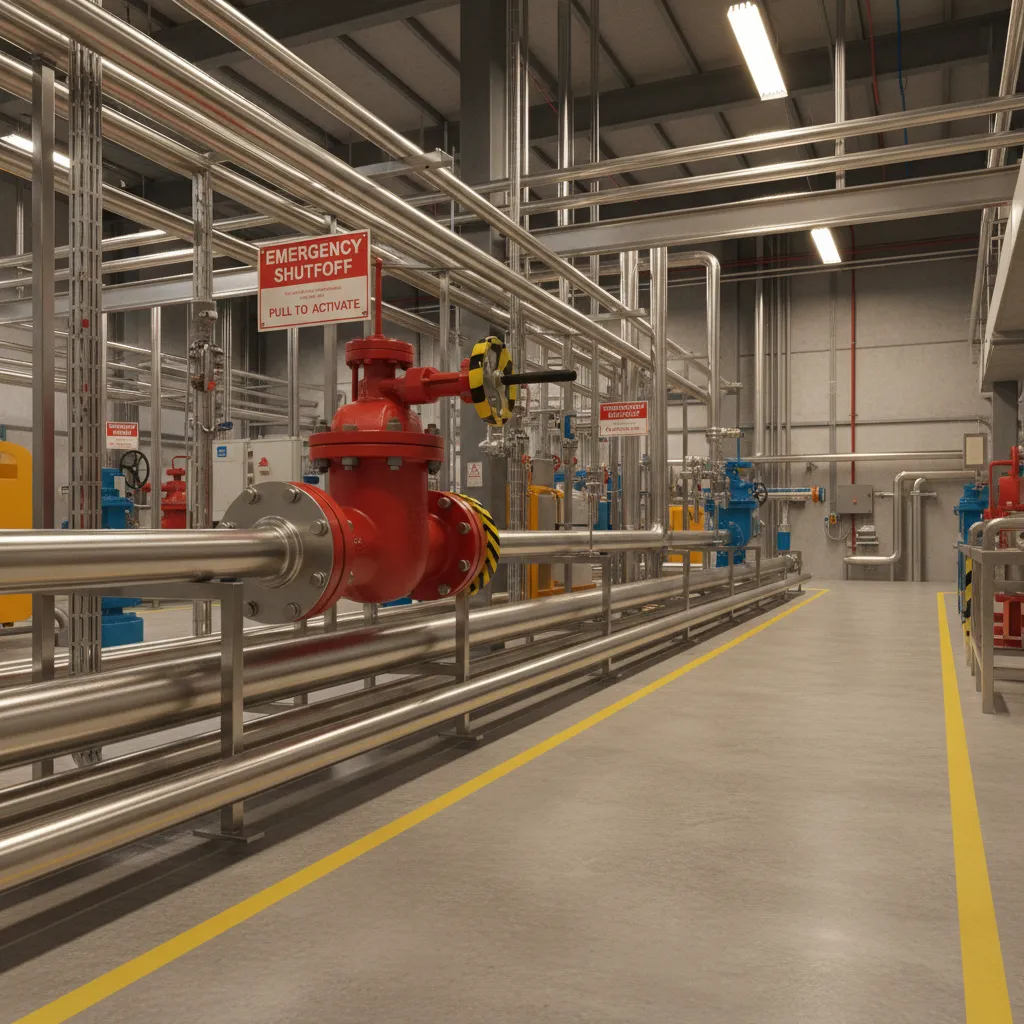 Clearly labeled emergency shutoff valve along industrial floor piping