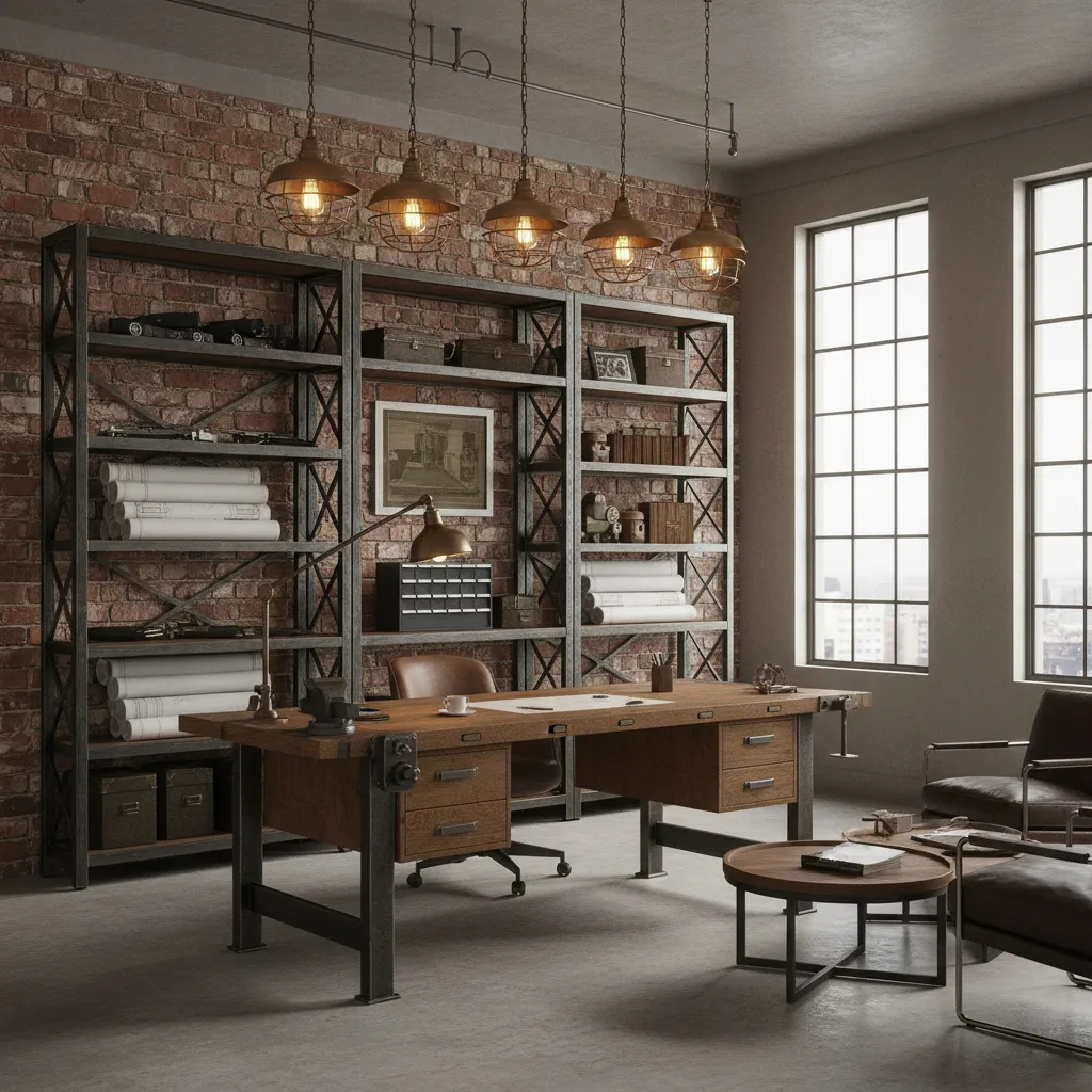industrial style engineering workspace with metal shelving exposed brick and workbench