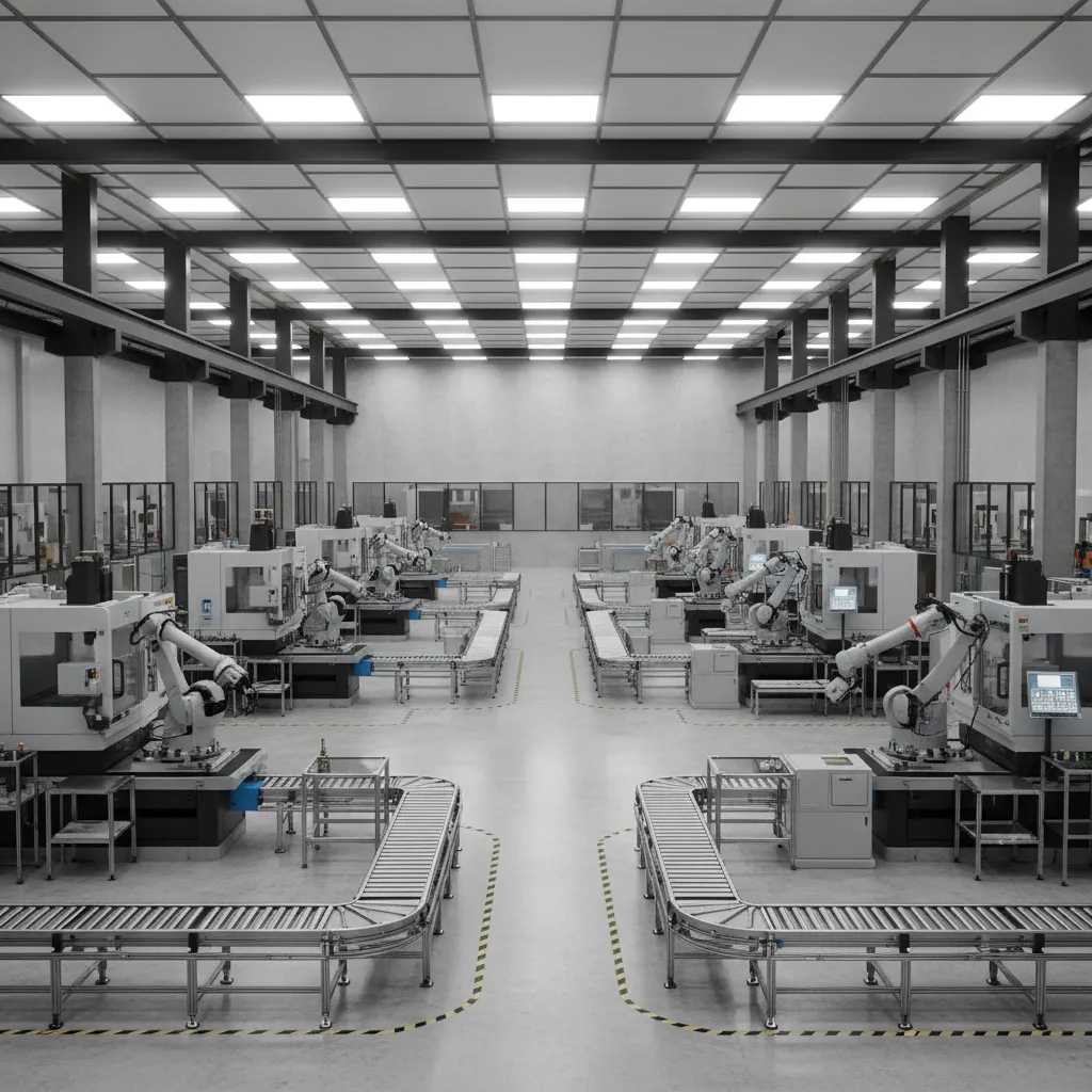 3D industrial factory floor layout with machines and workstations arranged in production cells