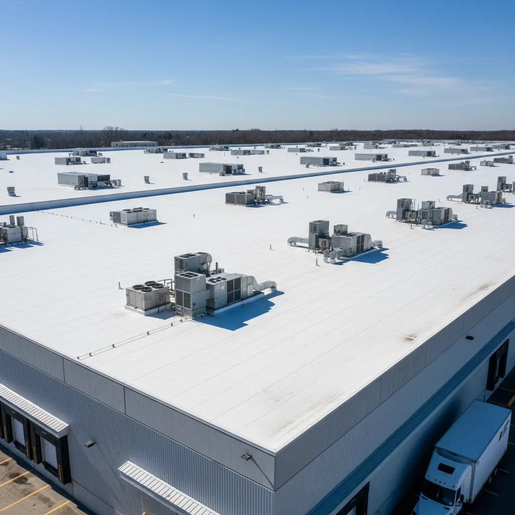 Wide view of a large industrial flat concrete roof with coating and rooftop equipment