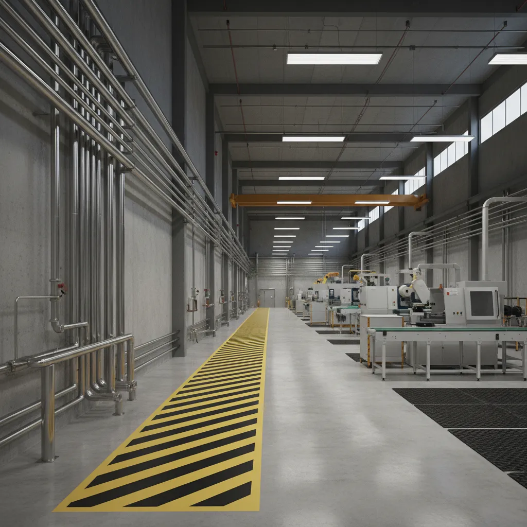 Industrial floor piping corridor separated from forklift traffic lanes