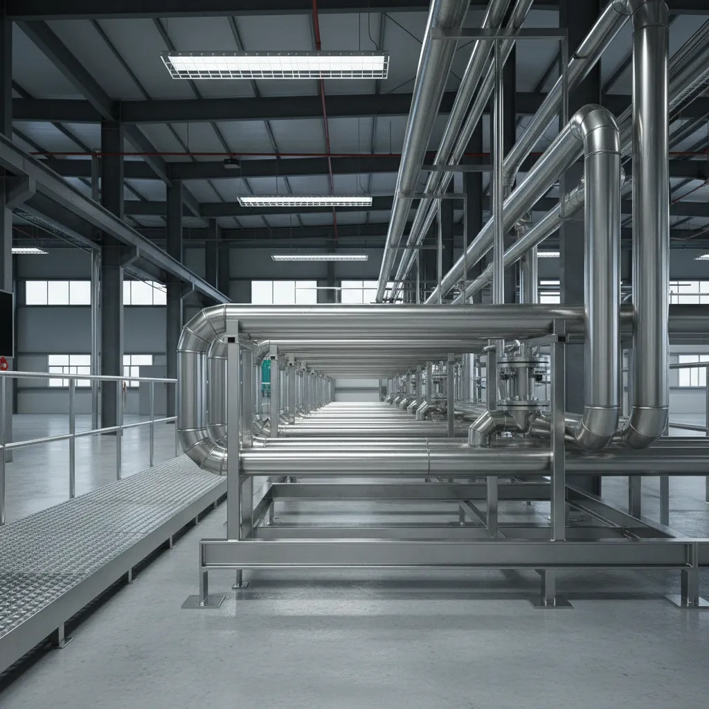 Industrial piping corridor with organized floor pipe routing