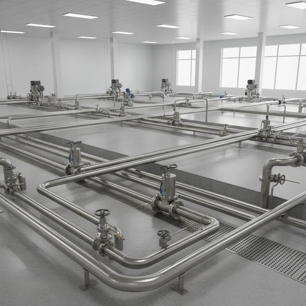 Industrial plant floor showing exposed piping layout and drainage channels
