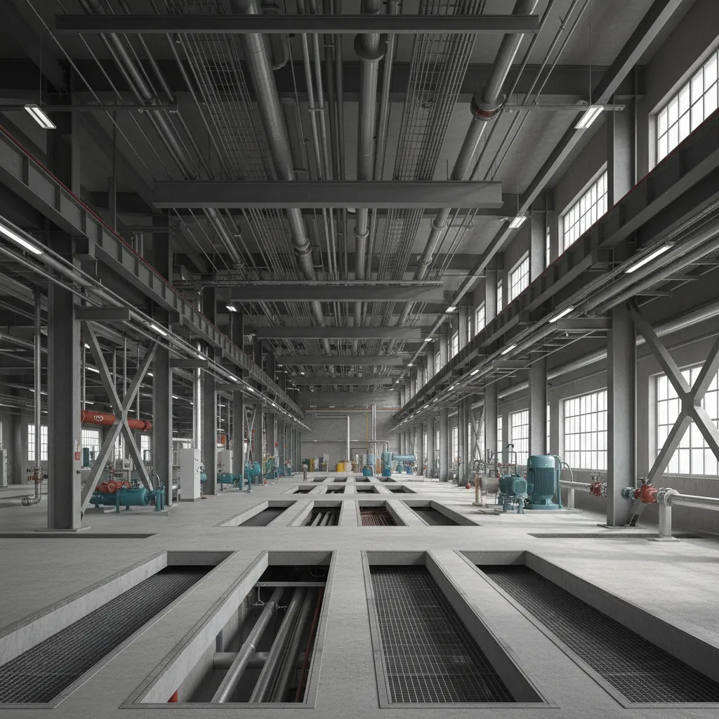 Industrial plant interior showing comparison of overhead piping racks and floor piping channels