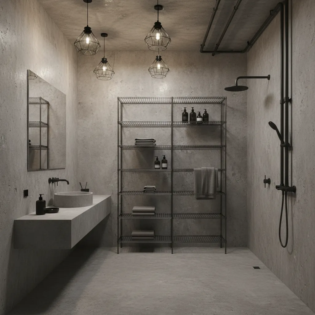 industrial garage style bathroom with concrete walls black fixtures and cage lighting