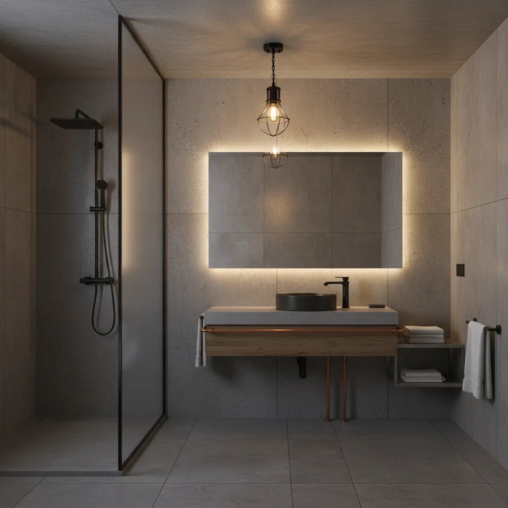 Industrial cage lighting fixture installed in garage style bathroom