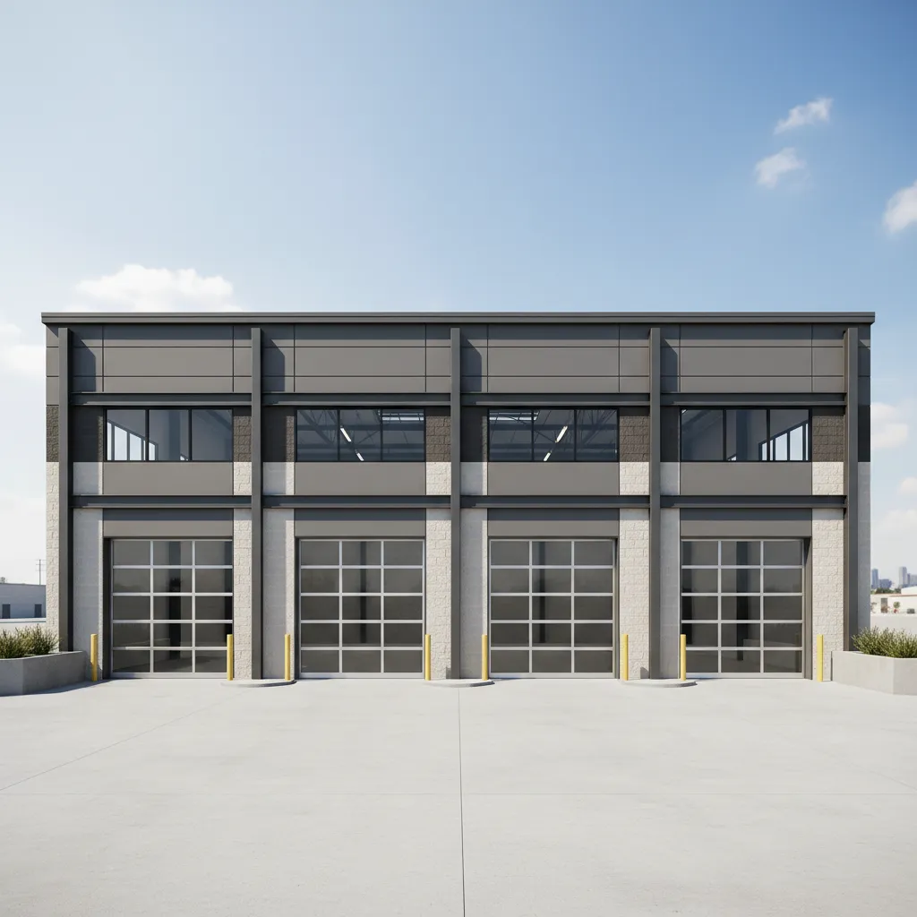 Commercial garage exterior with metal panels and concrete structure