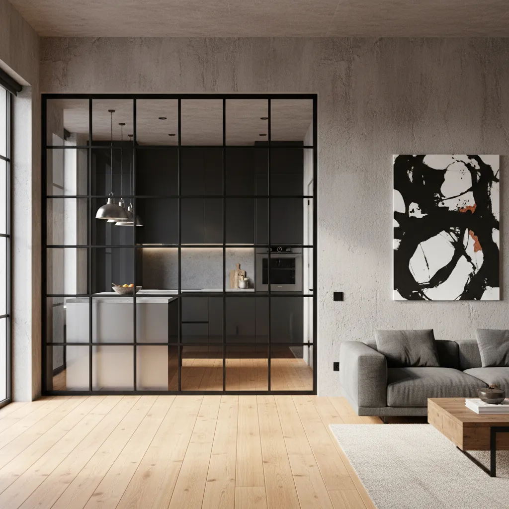 Industrial black grid glass wall separating modern kitchen from living room with grey fabric sofa