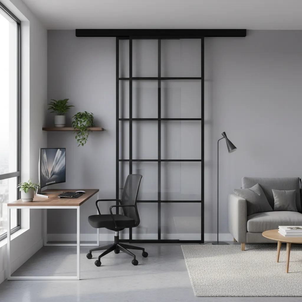 Modern home office with wood desk black chair and large black frame glass sliding door