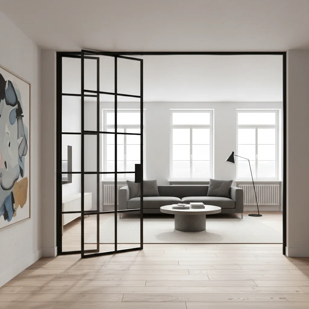 Open black frame grid glass door leading into living room with grey sofa and table