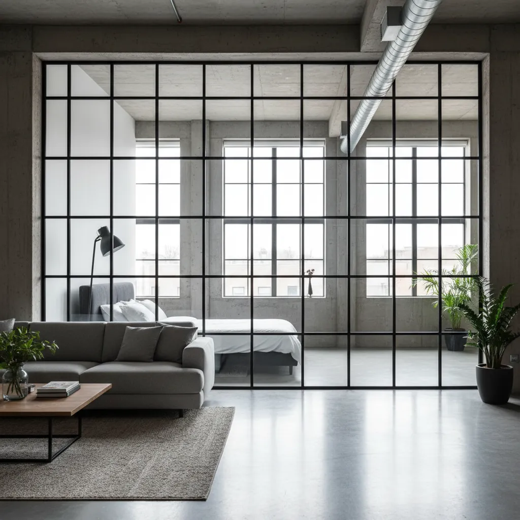 Mampara industrial de vidrio con estructura metálica negra