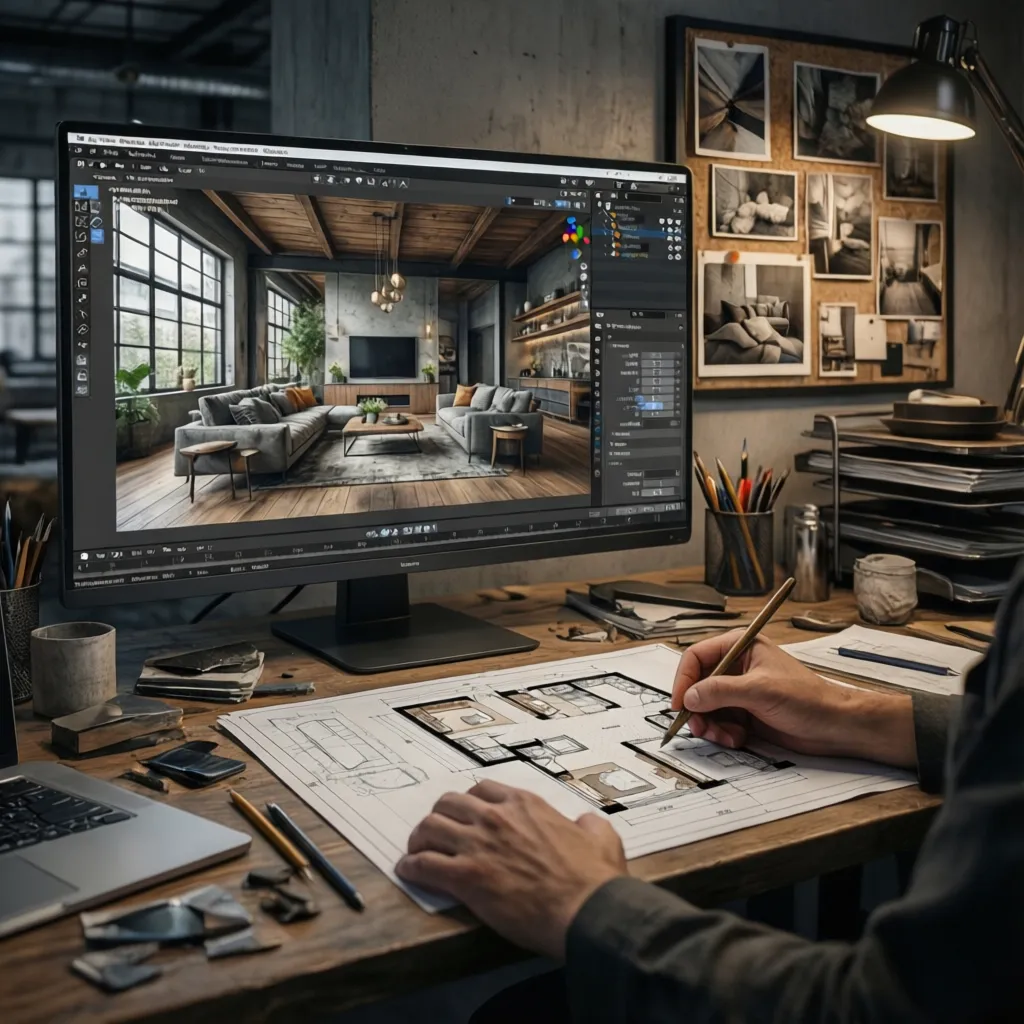 Planificación digital de diseño interior estilo industrial