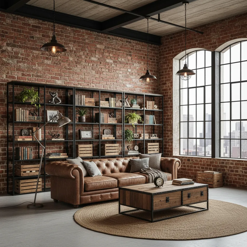 Salón de estilo industrial con ladrillo visto y metal