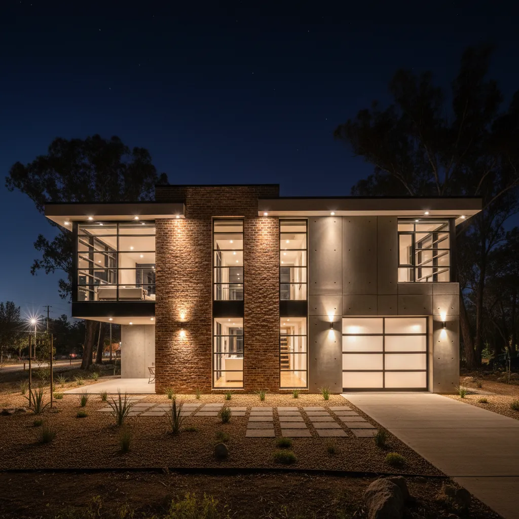 Fachada de casa industrial iluminada por la noche