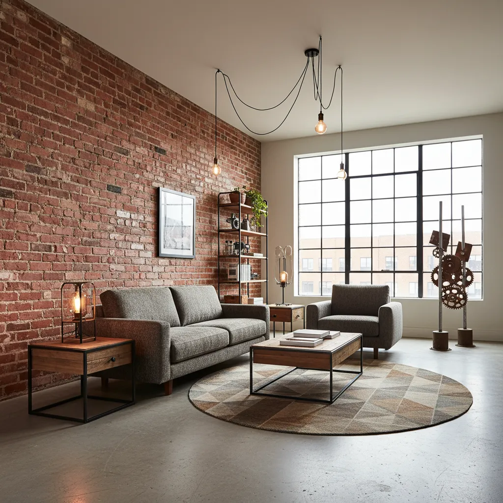 Industrial living room with red brick wall grey sofa wooden coffee table and hanging lights