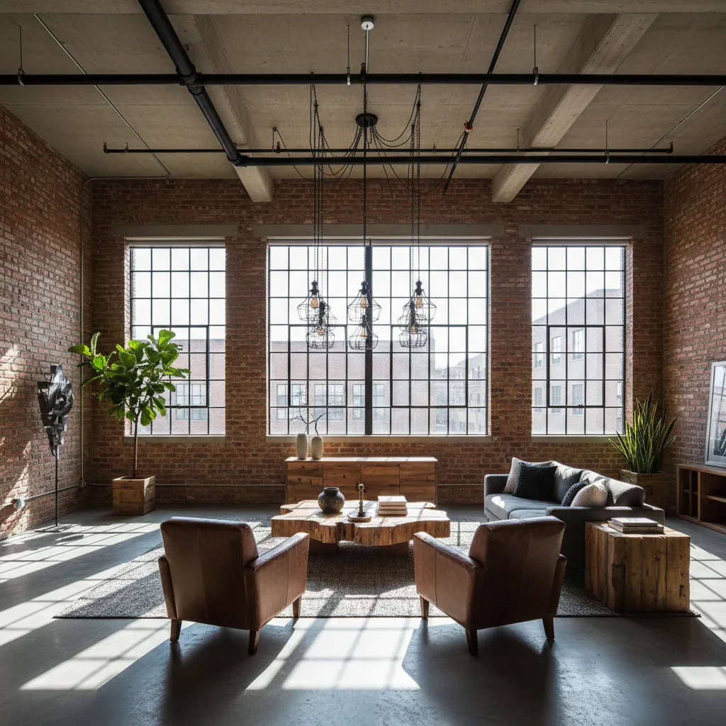 Industrial living room with brick walls large windows leather chairs a sofa and wood table