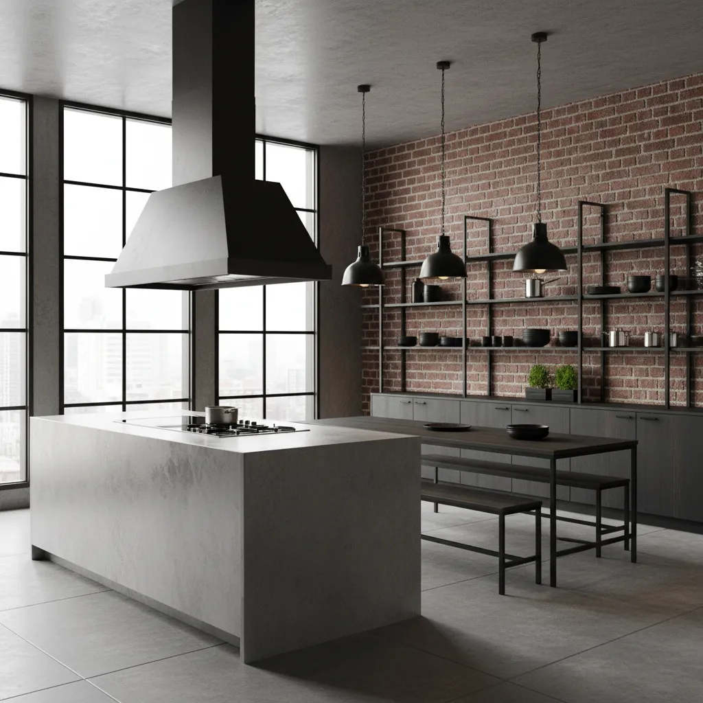 Cocina de estilo industrial con isla de hormigón y estanterías metálicas