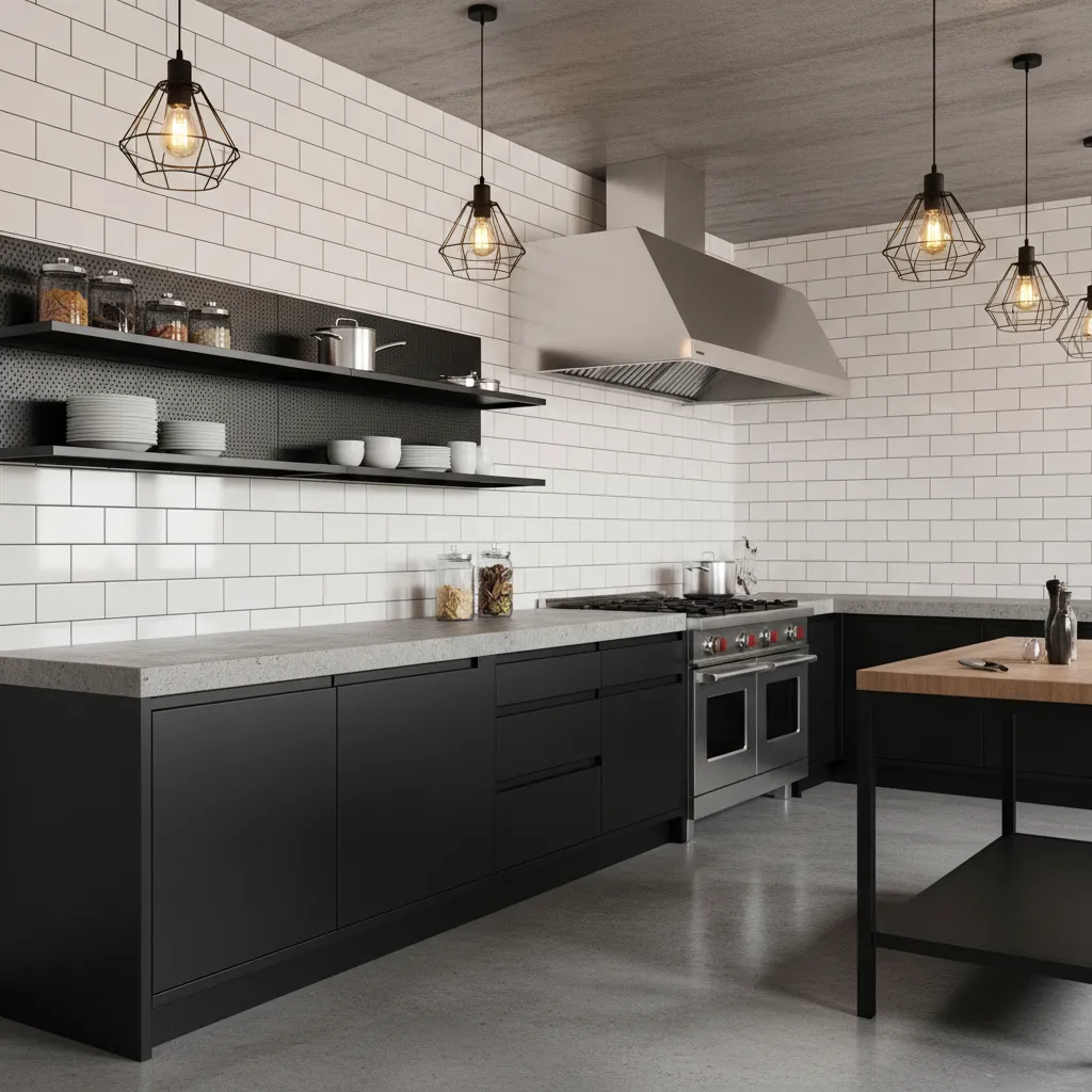 Cocina estilo industrial con acero negro y encimera de hormigón
