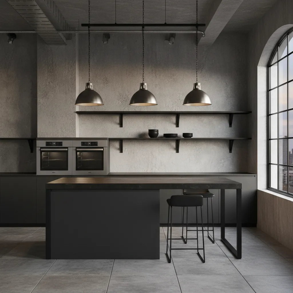Industrial kitchen with steel floating shelves and concrete backsplash wall