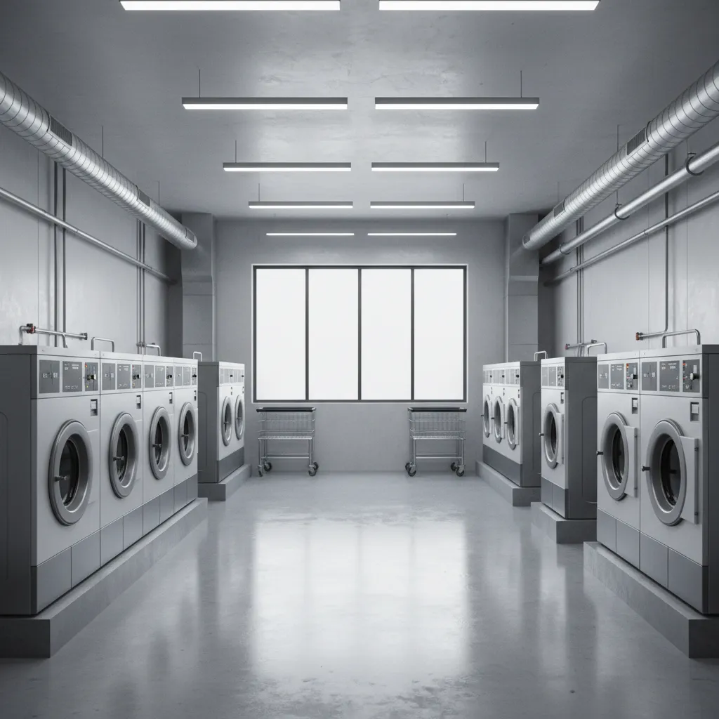 industrial laundry room with gray epoxy coated concrete floor