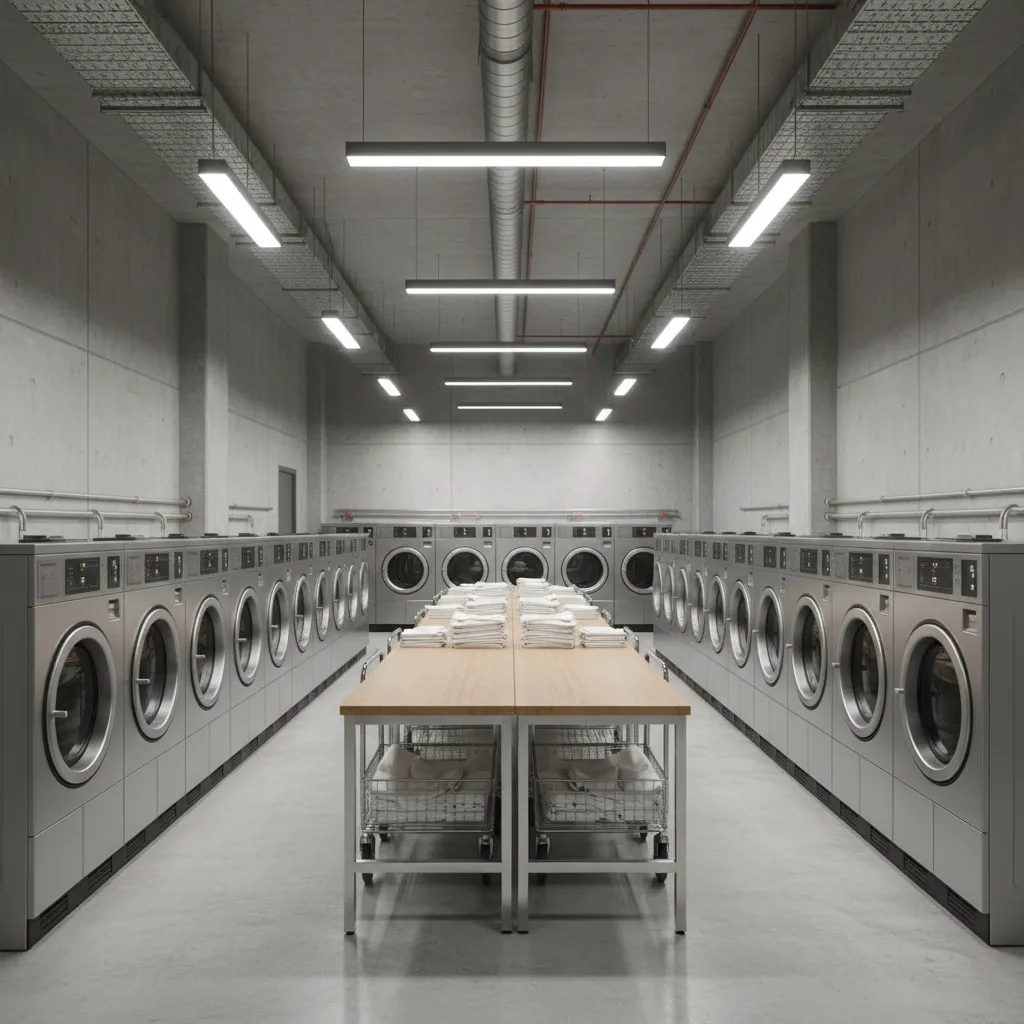 Large commercial laundry facility layout with machines and storage areas