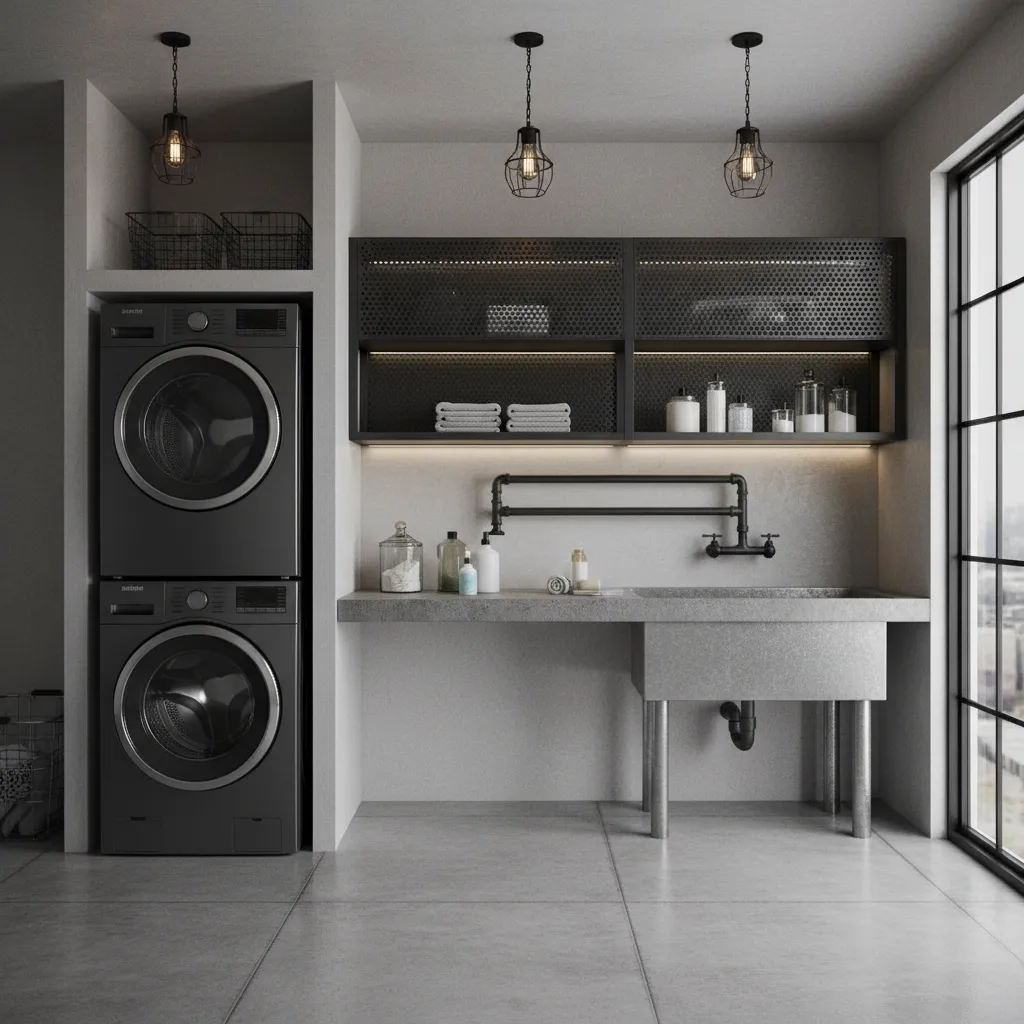 industrial style laundry room with metal utility sink and open shelving