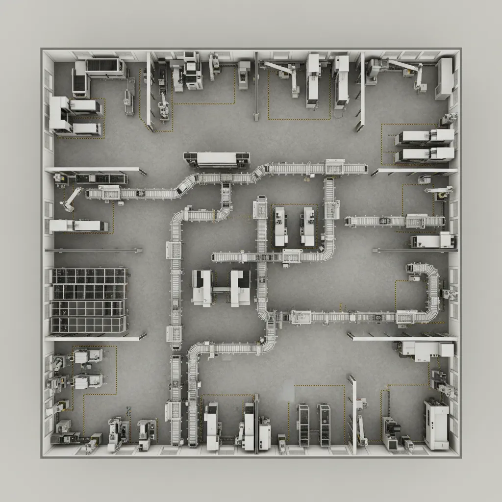 3D industrial facility floor plan with machines and layout zones