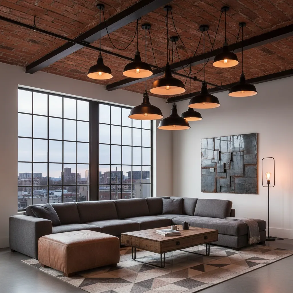 Iluminación industrial con lámparas metálicas colgantes