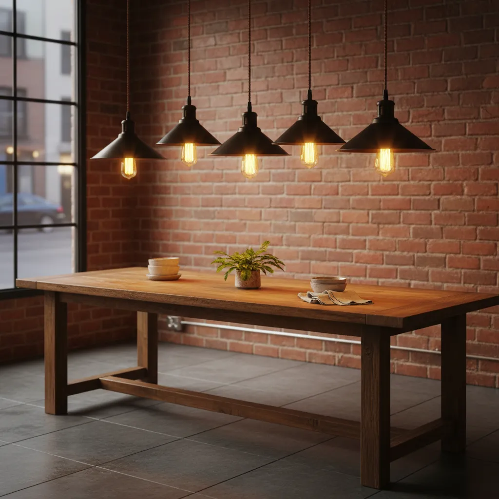 Five black ceiling lights hanging over a long wooden dining table with a brick wall