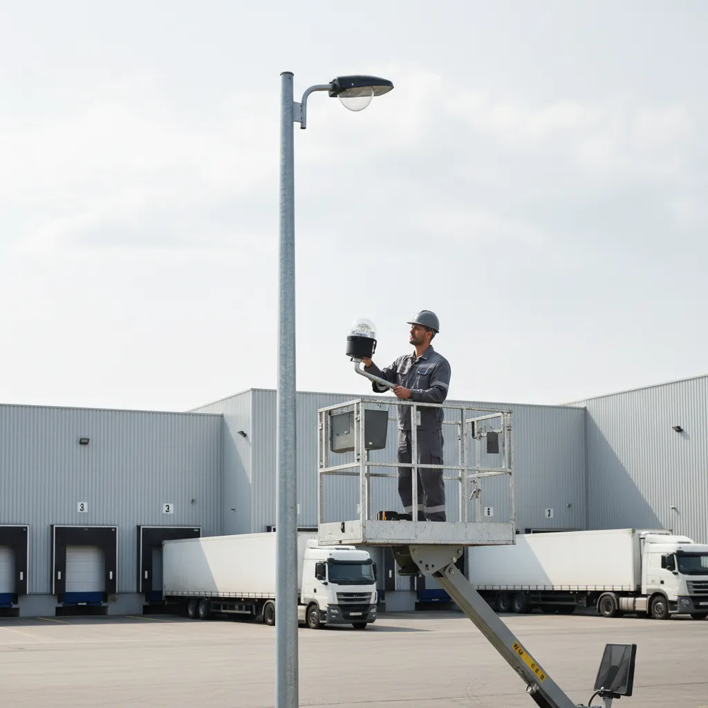 technician inspecting photocell sensor on commercial outdoor lighting pole