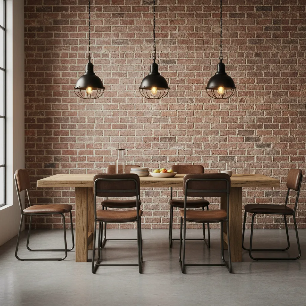Lámparas colgantes metálicas estilo industrial sobre mesa de comedor