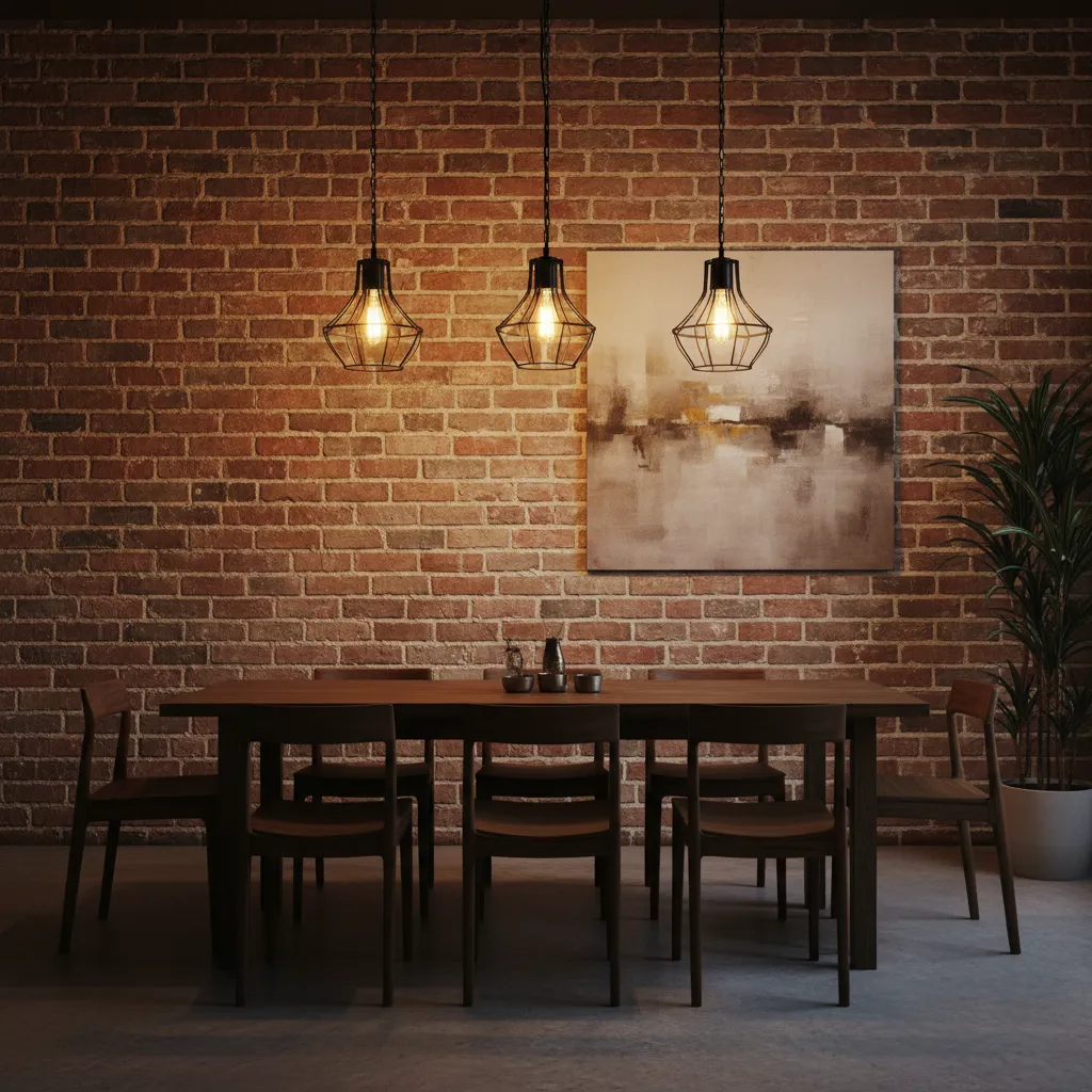 Lámparas colgantes metálicas estilo industrial sobre mesa de comedor