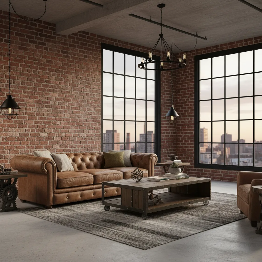Salón de estilo industrial con ladrillo visto y sofá de cuero