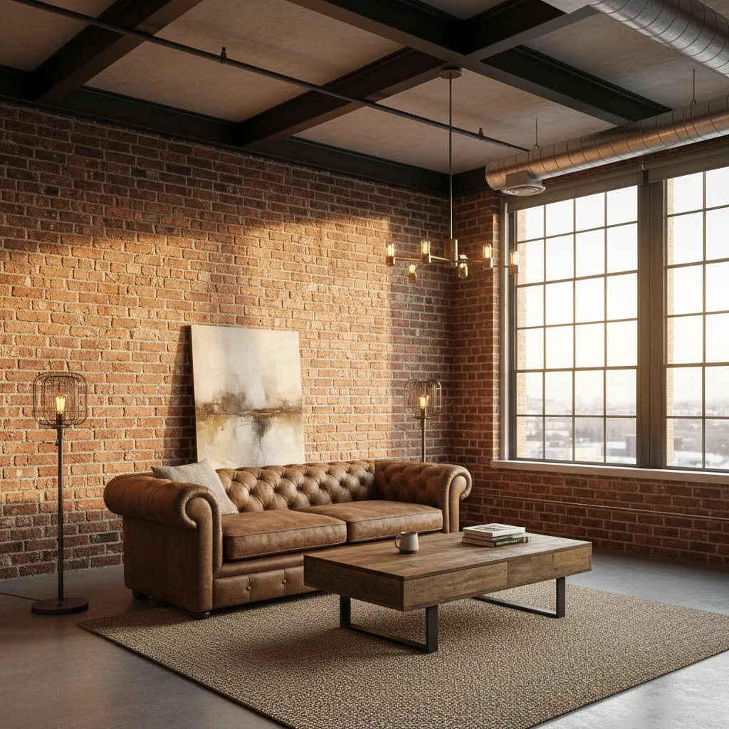 Sala industrial con pared de ladrillo visto y vigas metálicas