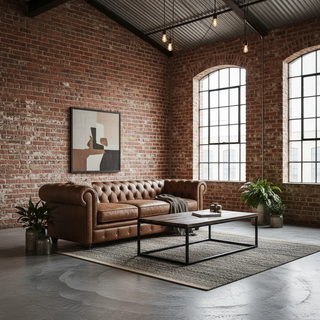 Salón industrial con pared de ladrillo visto y sofá de cuero