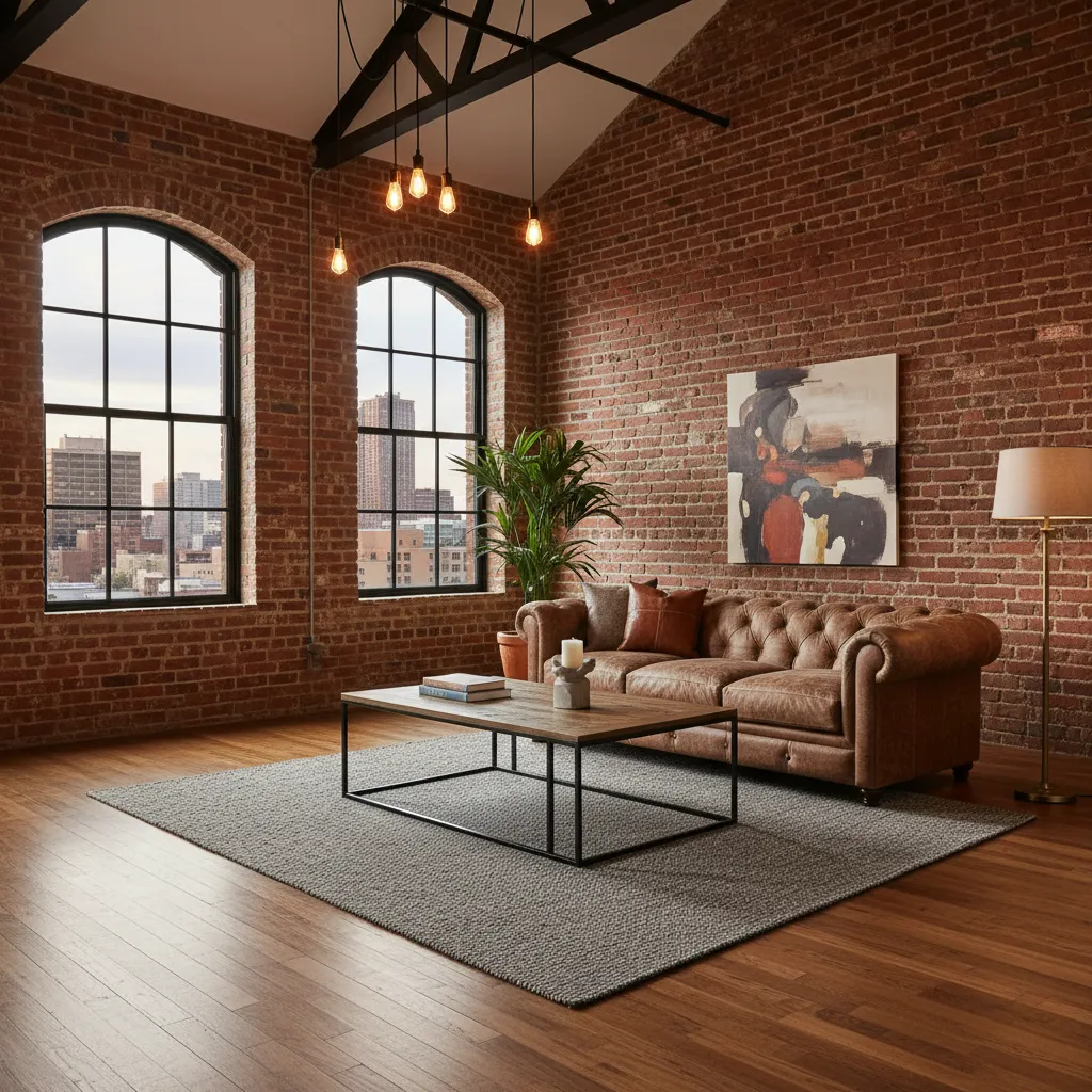 Industrial living room featuring brick walls, leather sofa, grey rug, and large windows showing city