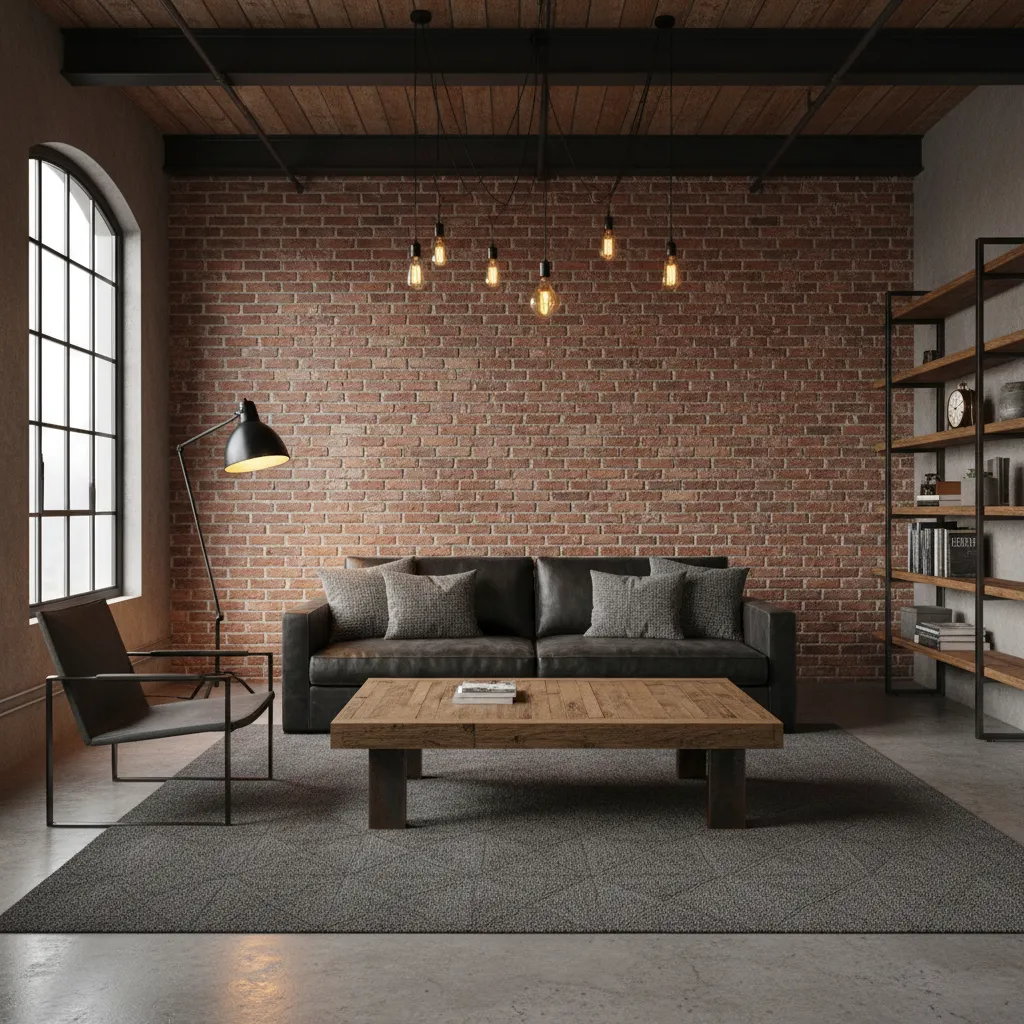 Sala de estar con pared de ladrillo visto y muebles industriales