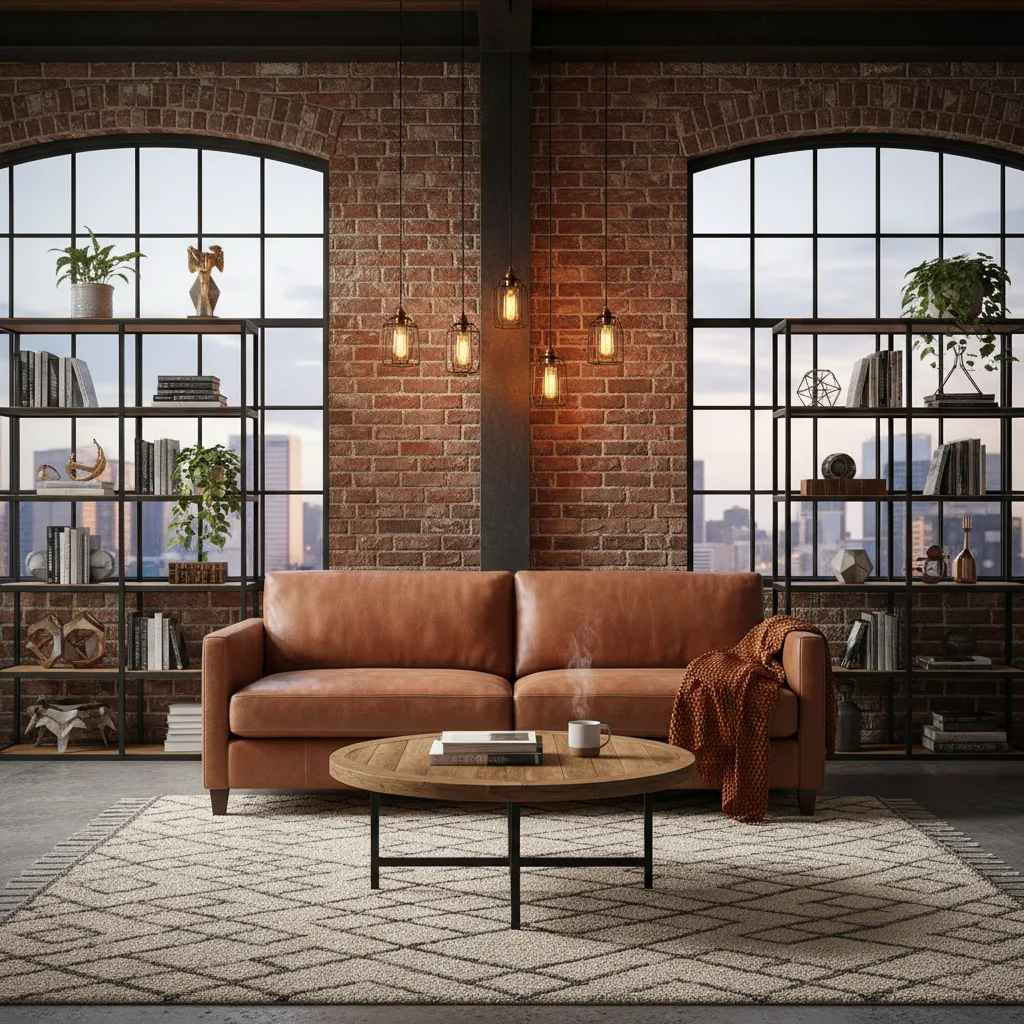 Sala de estar industrial equilibrada con sofá cómodo y alfombra