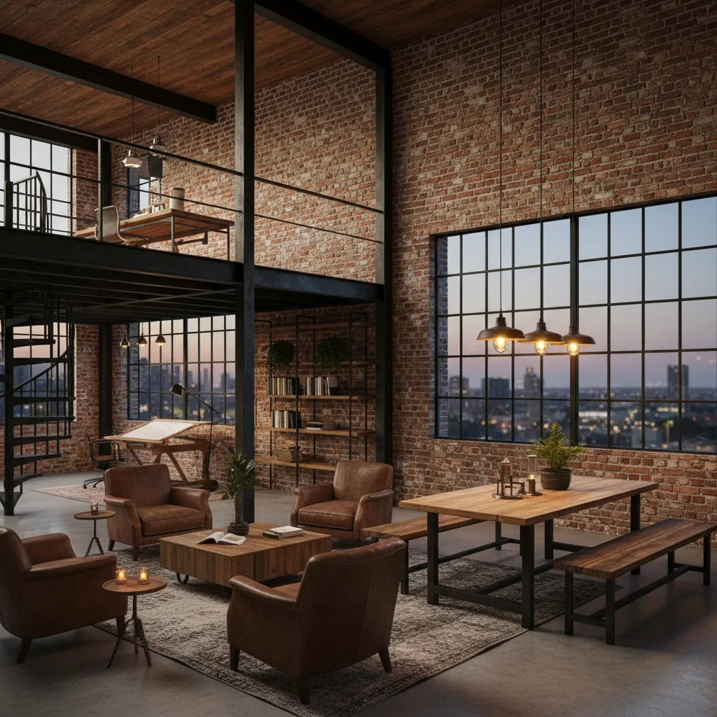 Loft de estilo industrial con ladrillo visto y estructuras metálicas