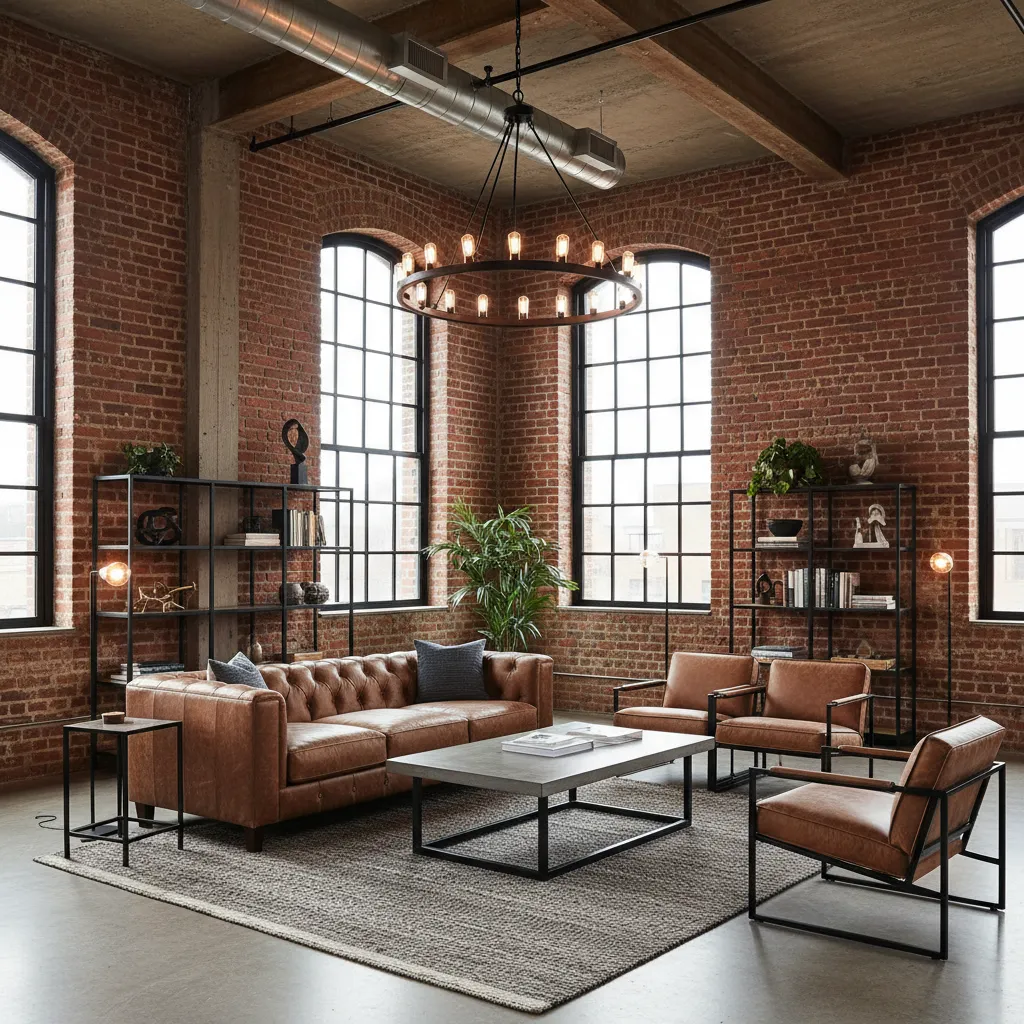 Industrial living room with red brick walls, windows, leather sofa, black shelves, and ceiling light