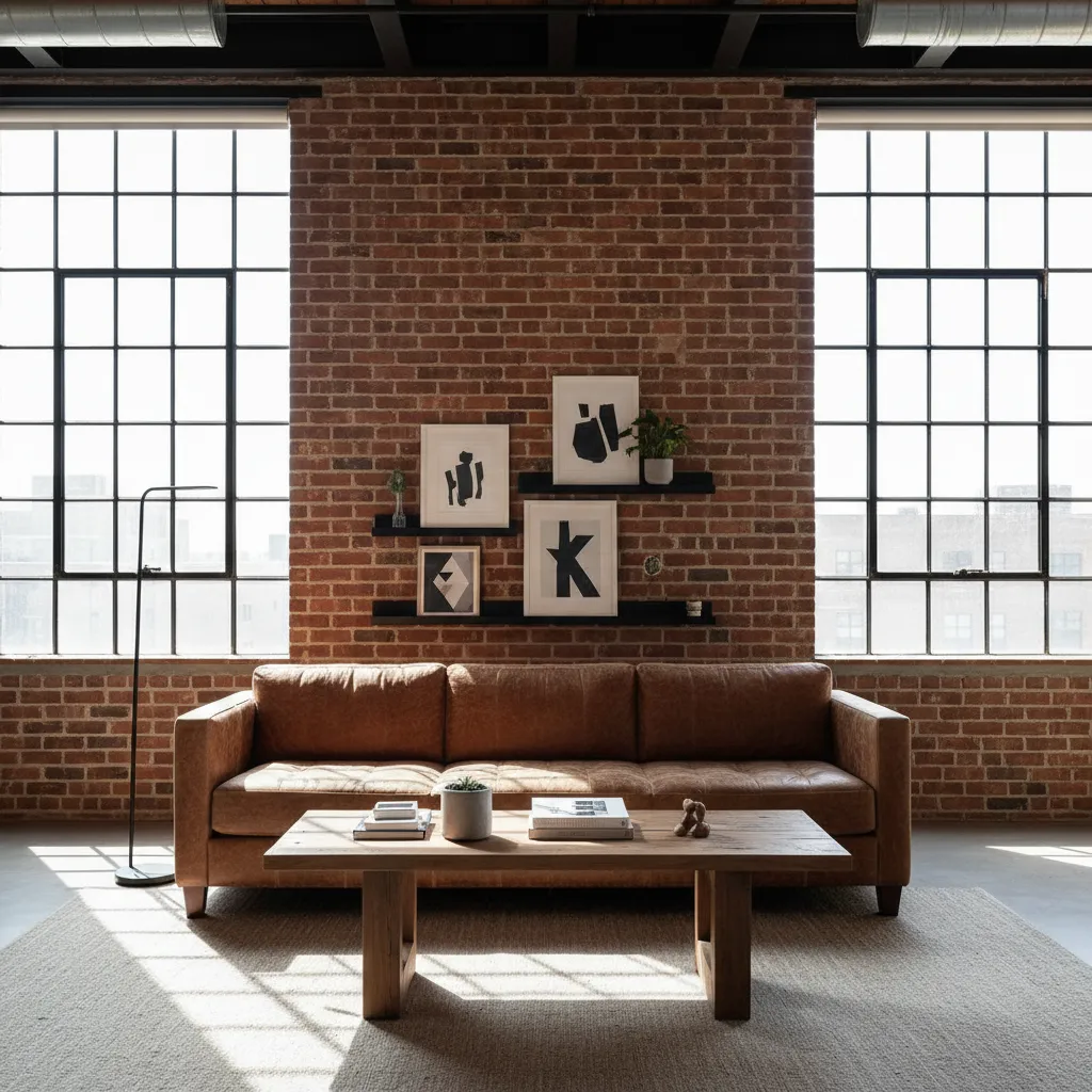 Salón tipo loft con pared de ladrillo y ventanas grandes