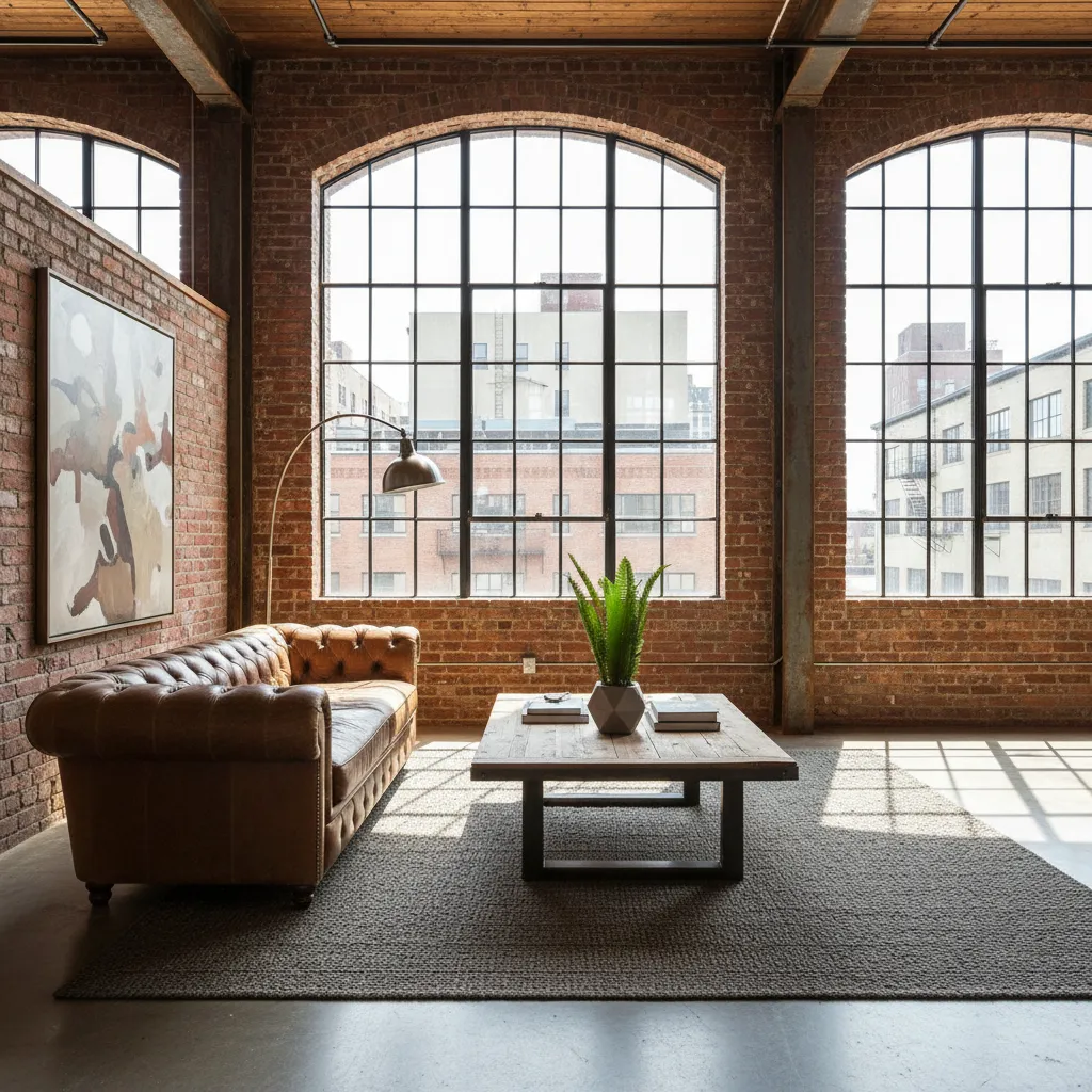 Sala tipo loft con paredes de ladrillo y vigas metálicas expuestas