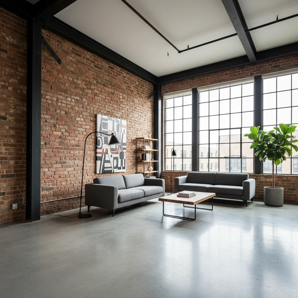 Industrial living room with two grey sofas wooden coffee table large windows and brick wall