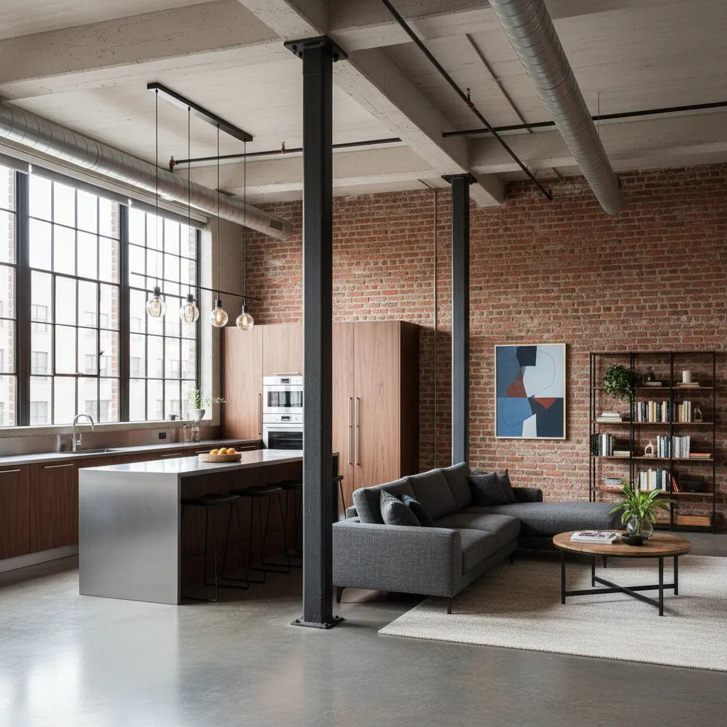 Loft industrial con espacio abierto entre cocina y salón