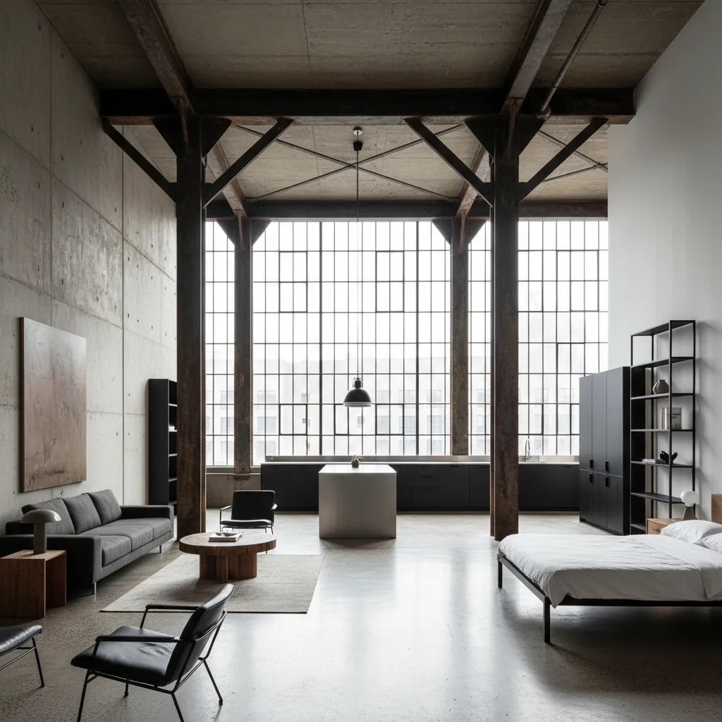 Loft industrial con espacio abierto y grandes ventanas