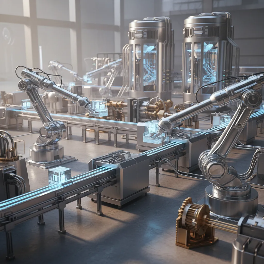 Industrial interior design drawing showing robotic arms moving glass cubes along modern metal factory assembly lines